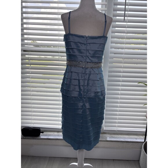 Adrianna Papell Blue Tiered Satin Dress & Jacket Set Beaded Waist Size 10 - Picture 6 of 17